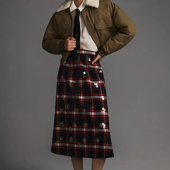 Anthropologie Maeve 8 NWT Embellished Plaid Midi Skirt Sequins Tartan Red Black - Picture 7 of 8